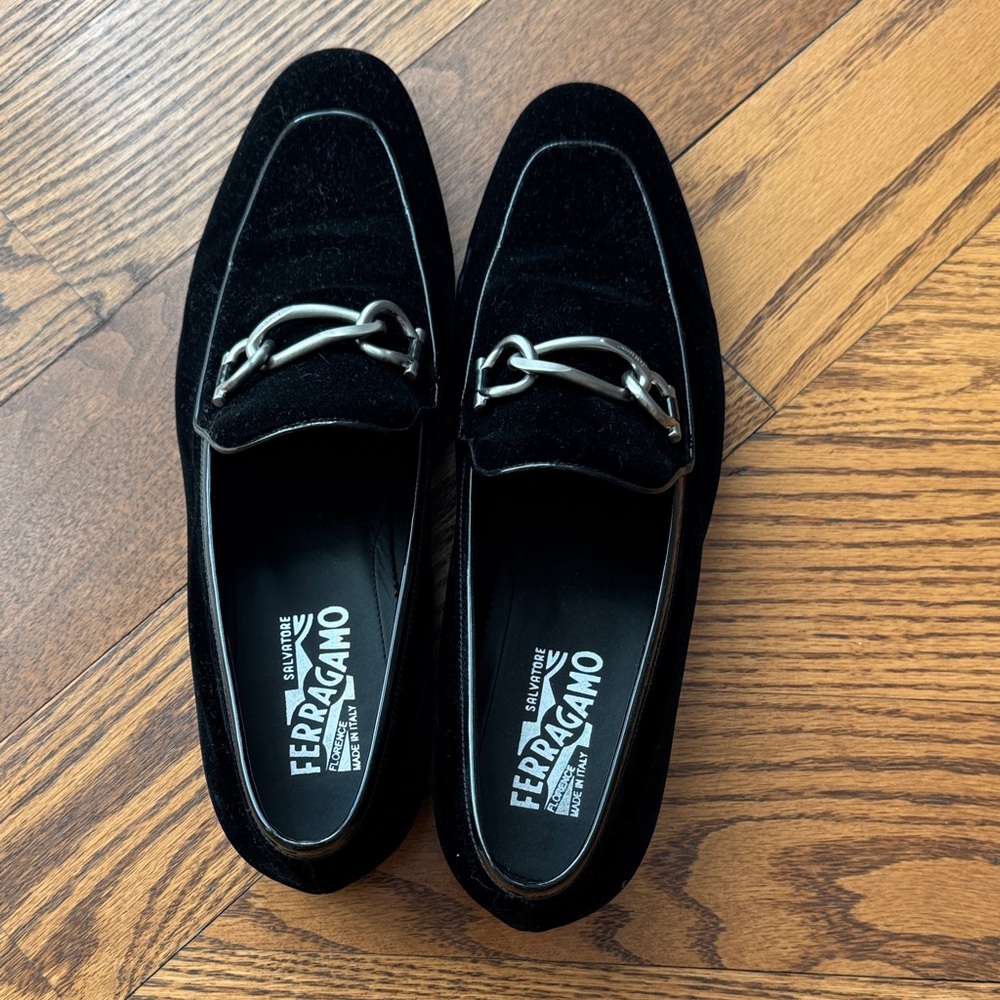 Salvatore Ferragamo Black Velvet Loafers with Silver Accent